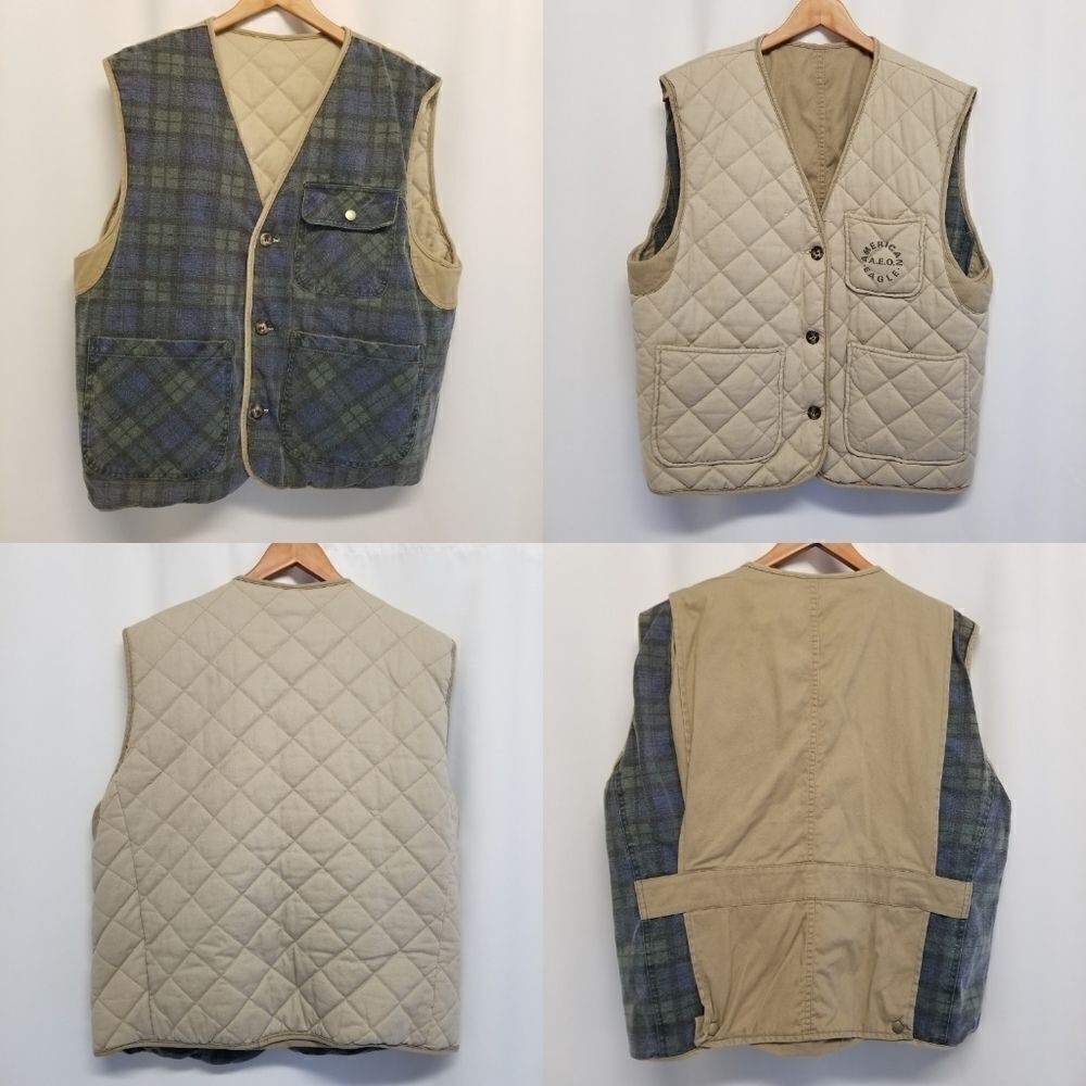 Vintage 90s y2k American Eagle Reversible‎ Blue Plaid Khaki Vest Size Medium